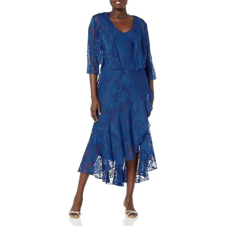 Alex Evenings Women's Sleeveless Printed Chiffon Mid-Length Dress With  Jacket 14 Royal