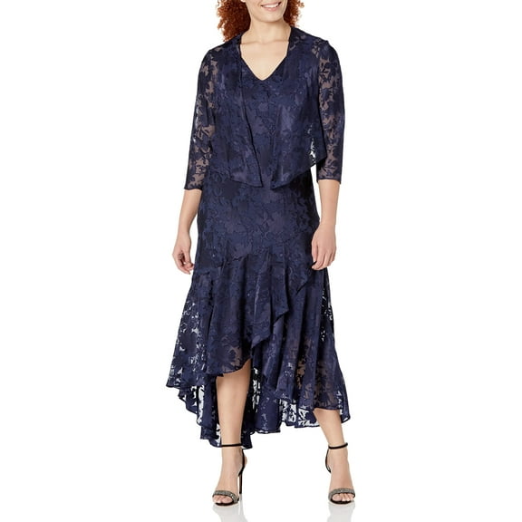 Alex Evenings Women's Sleeveless Printed Chiffon Mid-Length Dress With Jacket, Dark Navy, 12