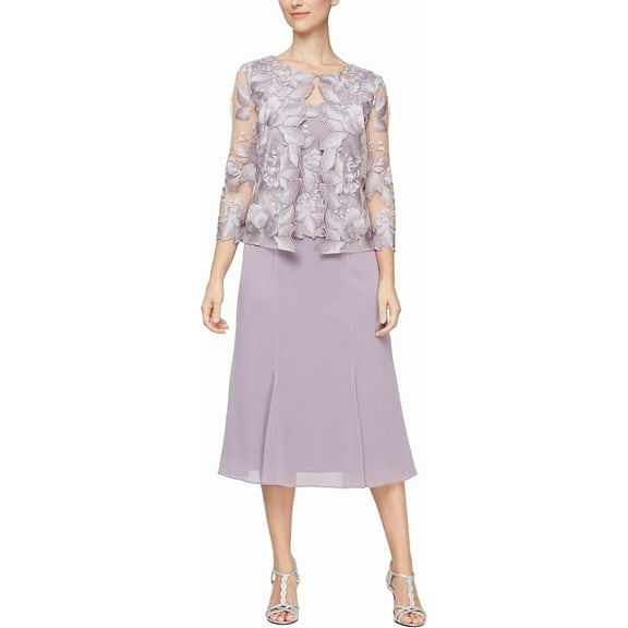 Alex Evenings Women's Tea Length Mock Jacket Dress with Button Front, Smokey Orchid Tea, 10P