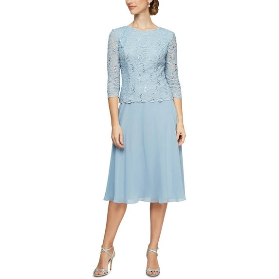 Alex Evenings Women's Tea Length Sequin Lace Mock Dress, 6 Sky
