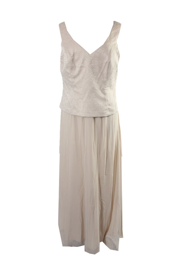 Womens Beige Sleeveless Jacquard Popover Chiffon Gown 14