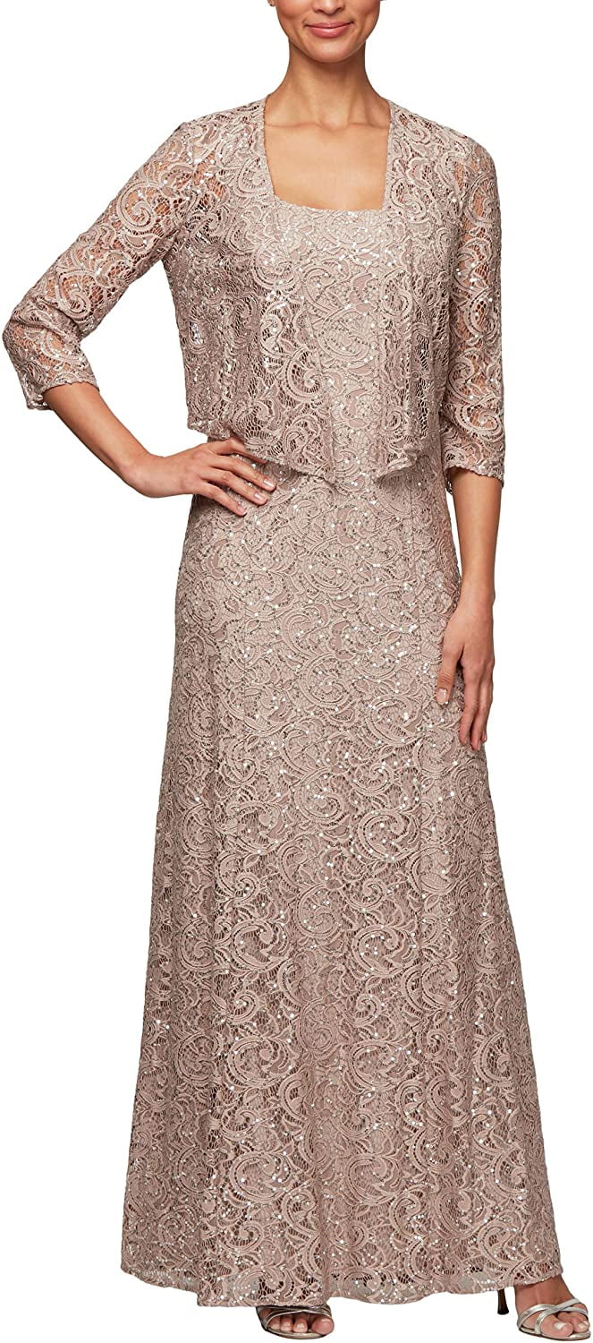 Alex Evenings Womens Long Lace Jacket Dress Buff 10 Jamaica