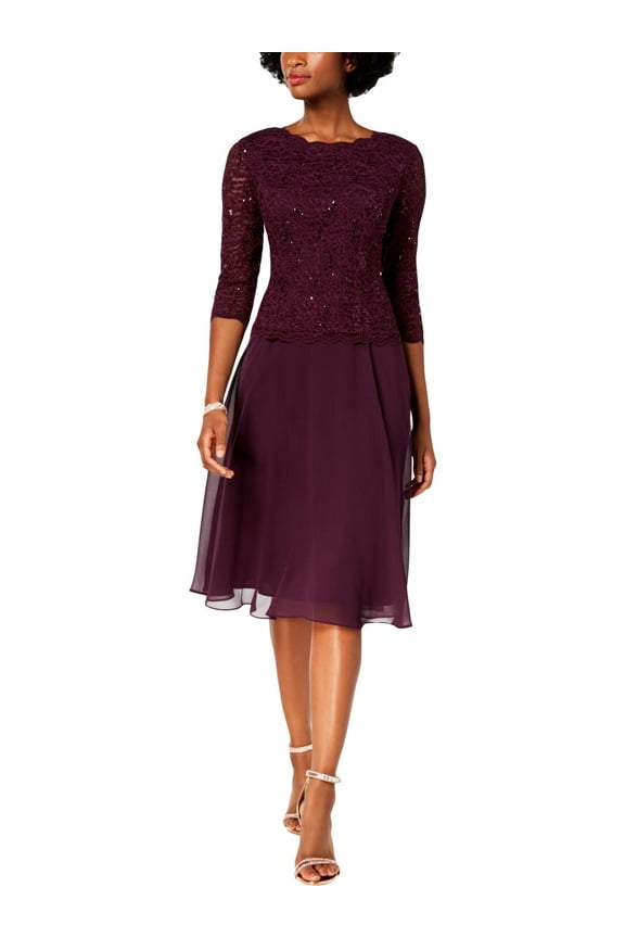 Womens Petites Lace Sequined Cocktail Dress Purple 8P