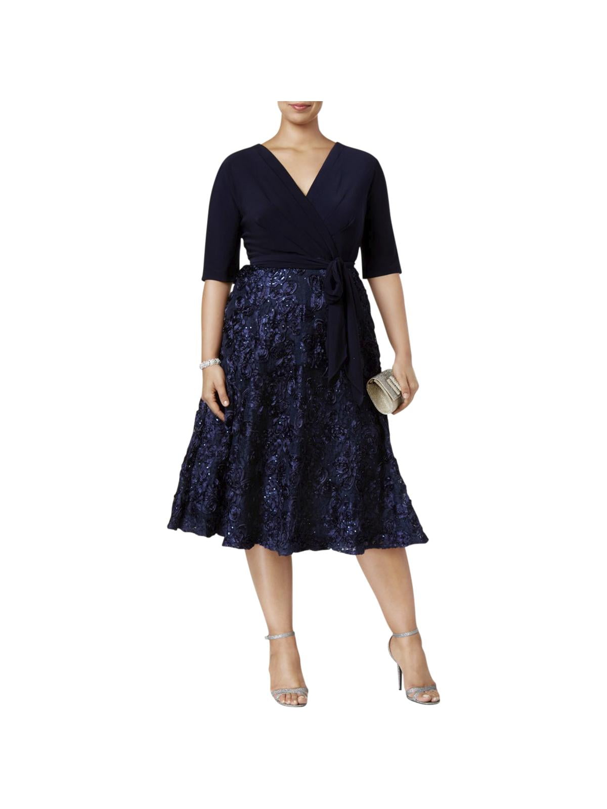 Alex Evenings Womens Plus Sequined Rosette Cocktail Dress Navy 16W