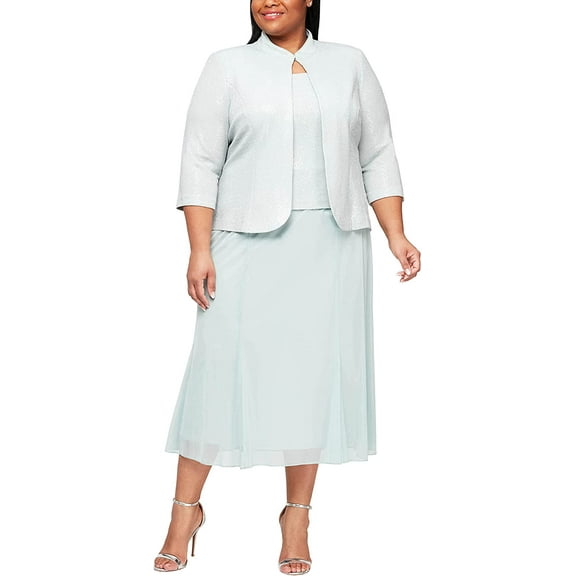 Alex Evenings Womens Plus Size Tea Length Button-Front Jacket Dress 16 Plus Mint Mandarin