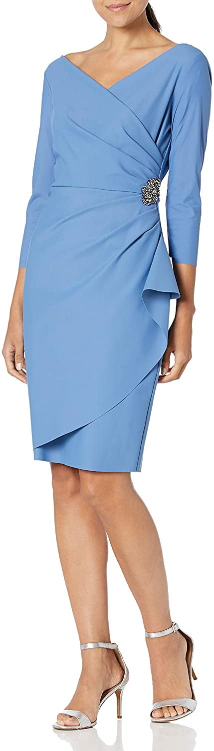 sachin and babi light blue dress Alex Evenings Womens Slimming Short Sheath 3/4 Sleeve Dress with Surplus  Neckline 6 Sky Blue