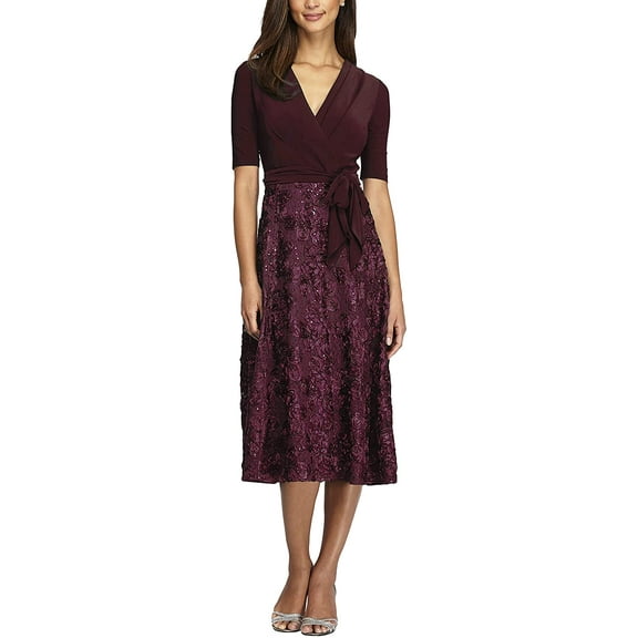 Alex Evenings Womens Tea Length Dress with Rosette Skirt Petite and Regular 10 Merlot