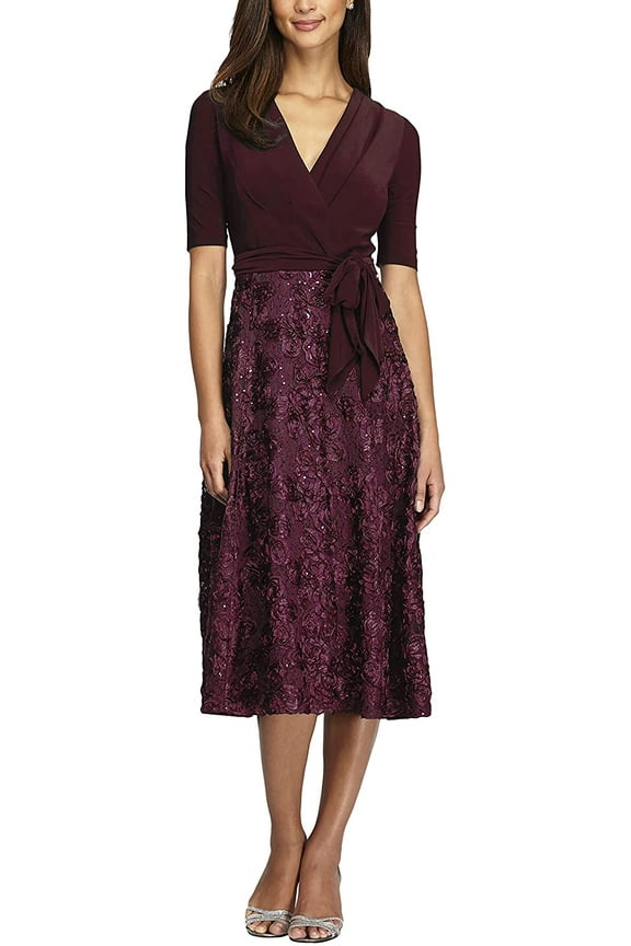 Womens Tea Length Dress with Rosette Skirt Petite and Regular 10 Merlot