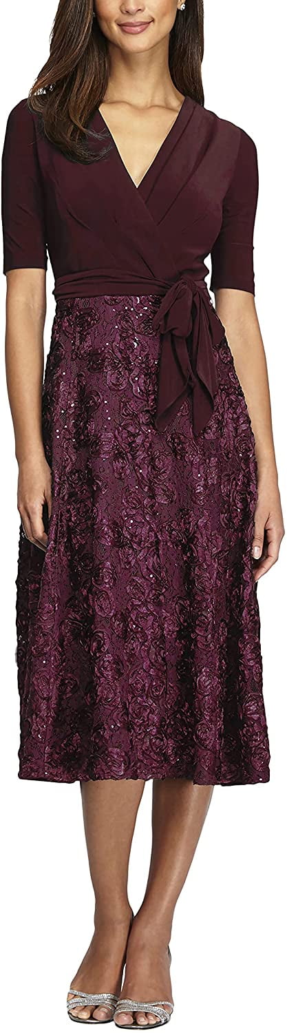 Alex Evenings Sequined Rosette Wrap Dress - Merlot - Size 8