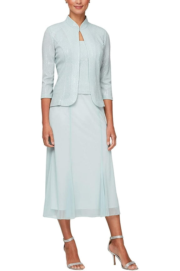 Womens Tea Length Mock Dress with Sequin Jacket Petite and Regular Sizes 6 Mint