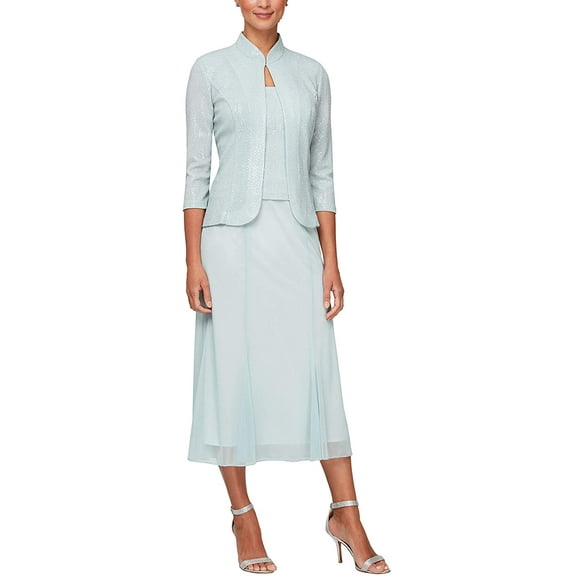 Alex Evenings Womens Tea Length Mock Dress with Sequin Jacket Petite and Regular Sizes 8 Mint