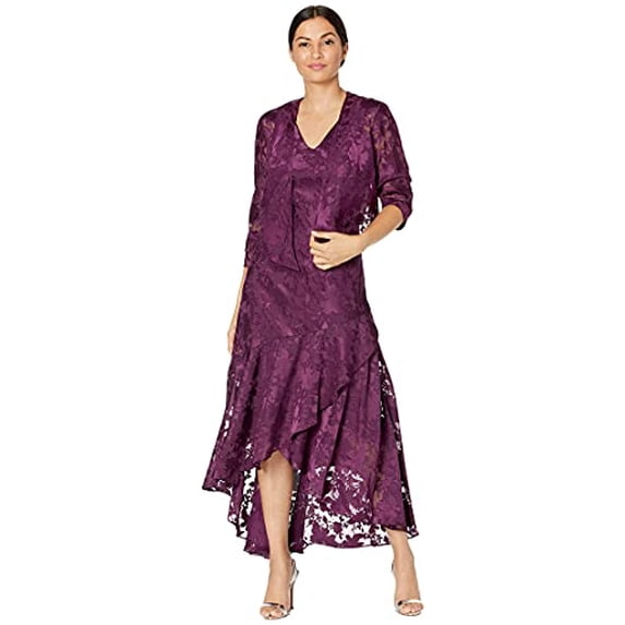 Alex Evenings Womens Tea Length Printed Chiffon Dress with Shawl, Plum, 12