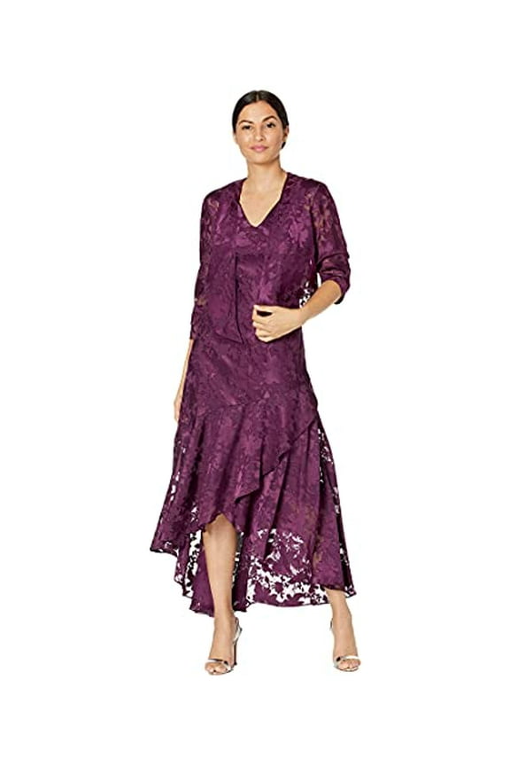 Alex Evenings Womens Tea Length Printed Chiffon Dress with Shawl, Plum, 12
