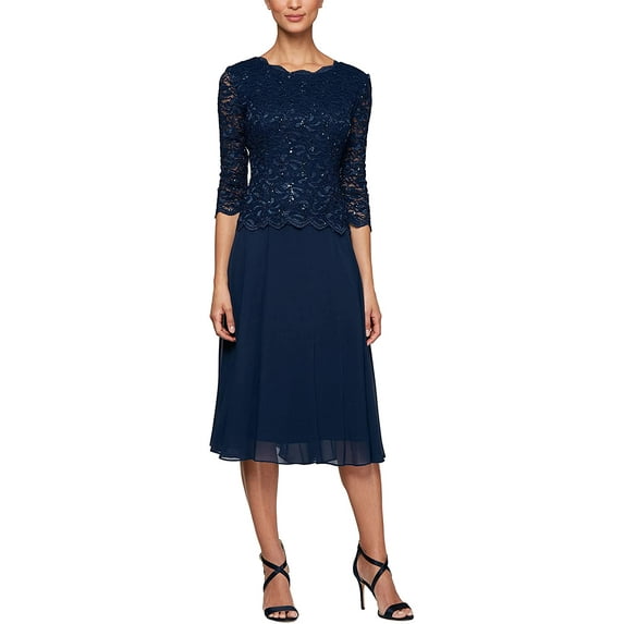 Alex Evenings Womens Tea Length Sequin Mock Dress Petite and Regular 6 Navy