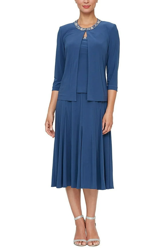 Alex Evenings embellished scoop neck sleeveless popover A-line matte jersey dress with matching 3/4 sleeve jacket by Curated Brands