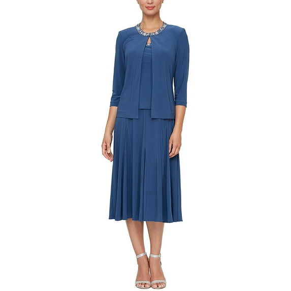 Alex Evenings embellished scoop neck sleeveless popover A-line matte jersey dress with matching 3/4 sleeve jacket