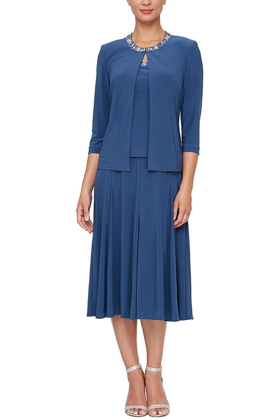 embellished scoop neck sleeveless popover A-line matte jersey dress with matching 3/4 sleeve jacket