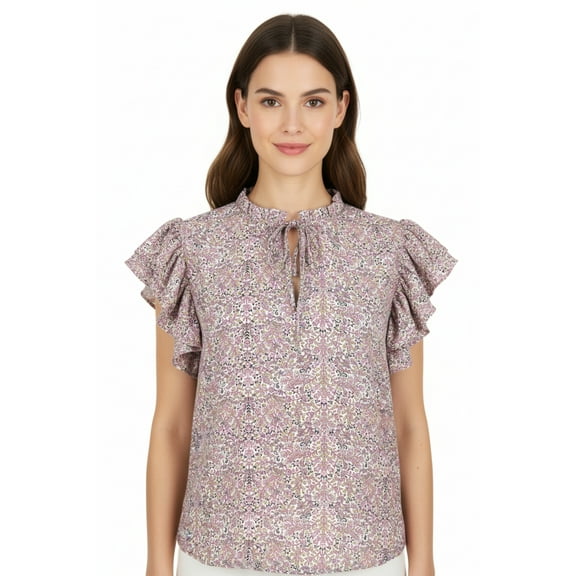 Alex  Lili Floral Ruffle Tie-Neck Top