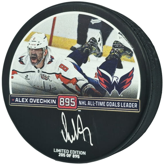 Alex Ovechkin Autographed Official Washington Capitals Record Breaking Goal Logo Hockey Puck #/895 Fanatics Holo 251007