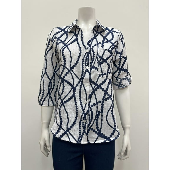 Alex & Parker Womens printed button down collared 3/4 roll tab sleeve Blouse with front side pocket , White Navy , L