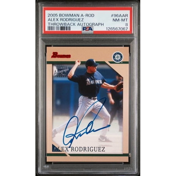 Alex Rodriguez 2005 Bowman A-Rod Throwback Autograph Seattle Mariners Signed Baseball Card #96AAR Graded PSA 8 Cert #126567067 68/99