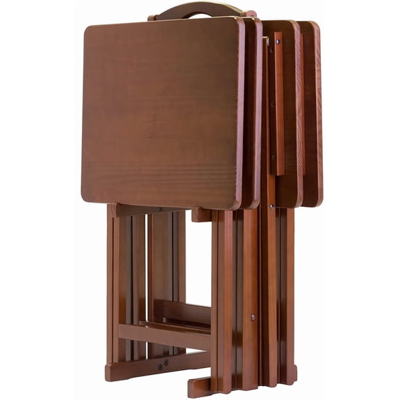 Alex Set of 4 Foldable Snack Tables with Storage Rack in Walnut, Easy to Store Portable Fold Up Table Set for Kitchen, Living Room TV Dining, Crafts, Puzzles, Work From Home