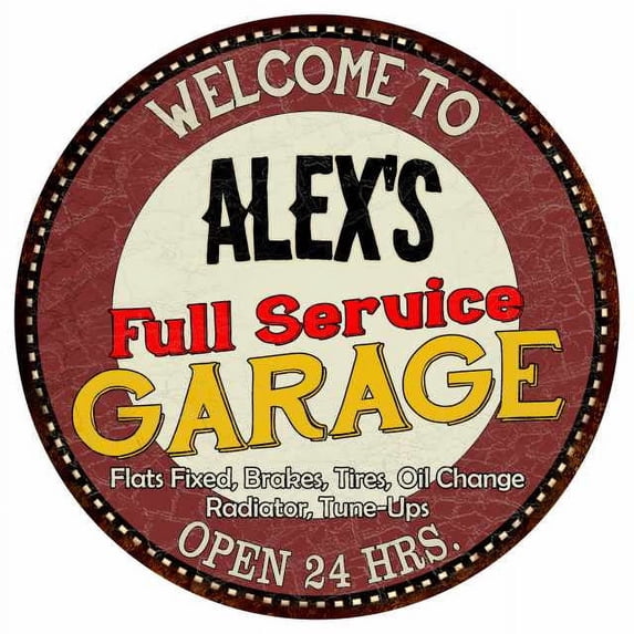 Alex's Full Service Garage 12" Round Metal Sign Man Cave Décor 200120037036