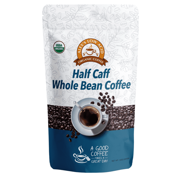 Alex's Low Acid Organic Coffee - Half Caff Whole Bean (12oz) Size: 1 Bag