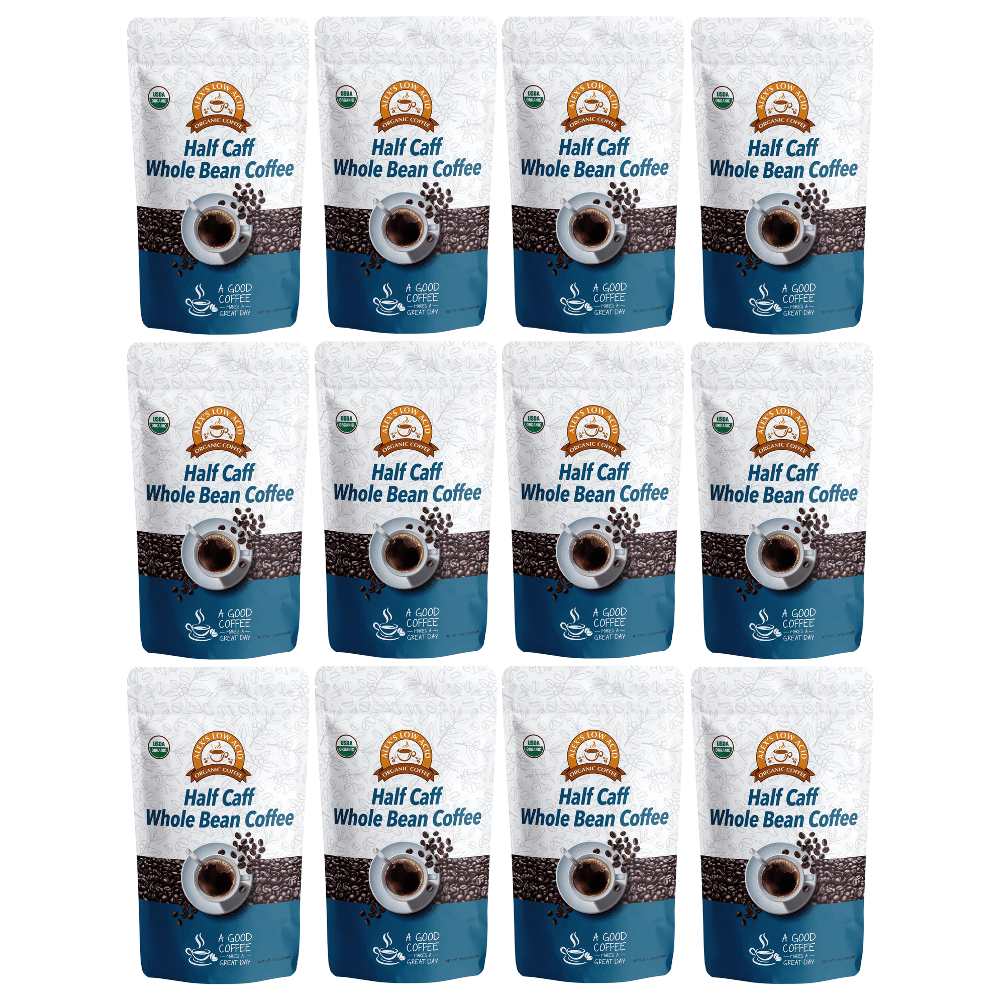 Alex's Low Acid Organic Coffee - Half Caff Whole Bean (12oz) Size: 12 Bags