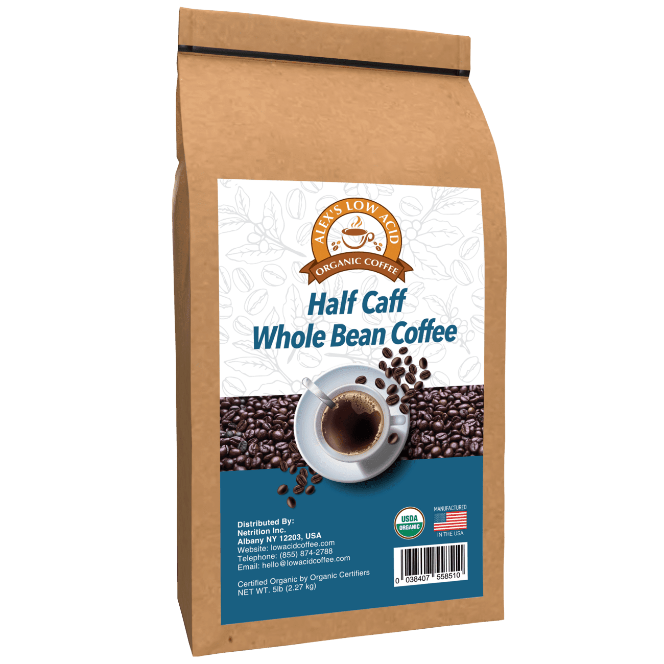 Alex's Low Acid Organic Coffee - Half Caff Whole Bean (5lbs)