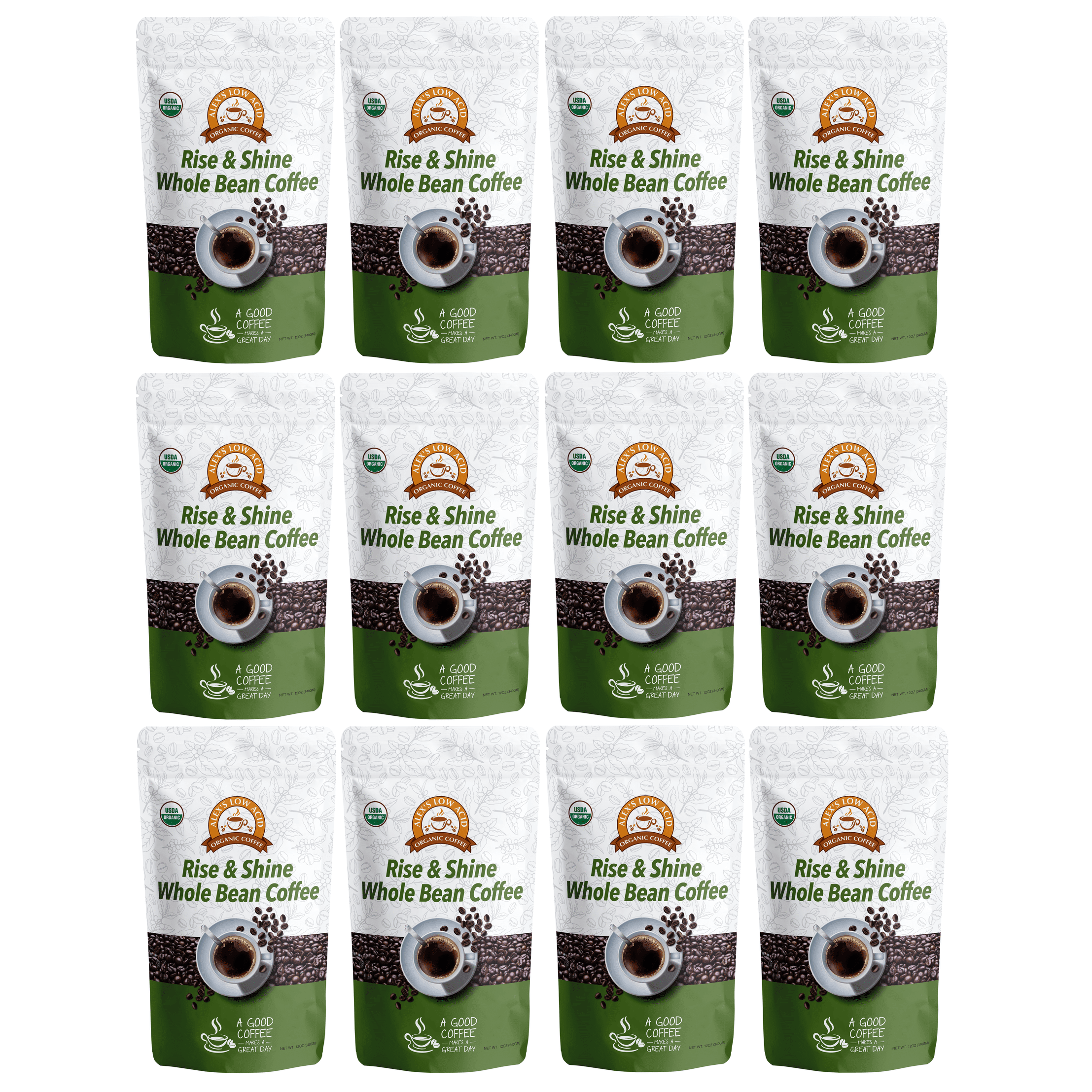 Alex's Low Acid Organic Coffee - Rise and Shine Whole Bean (12oz) Size: 12 Bags
