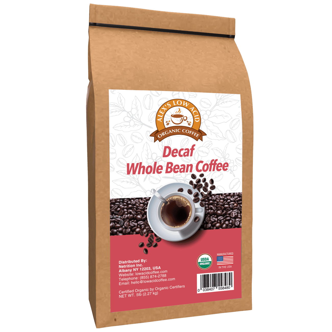 Alex's Low Acid Organic Coffee - Whole Bean Decaf (5lbs)