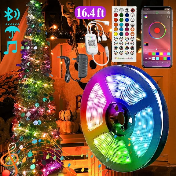 AlexTong 16.4Ft Led Strip Lights, Color Changing Light Strip Music Sync App Remote Control 5050 Led Lights with Built-in Mic Smart Led Lights for Bedroom Room TV Party DIY Decoration