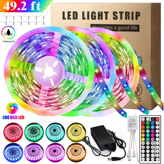 AlexTong Upgraded 2022 LED Strip Lights Kit,50feet 300 LEDs SMD 3528 RGB Light, 44 Key Remote Controller, Flexible Changing Multi-Color Lighting Strips for TV, Room