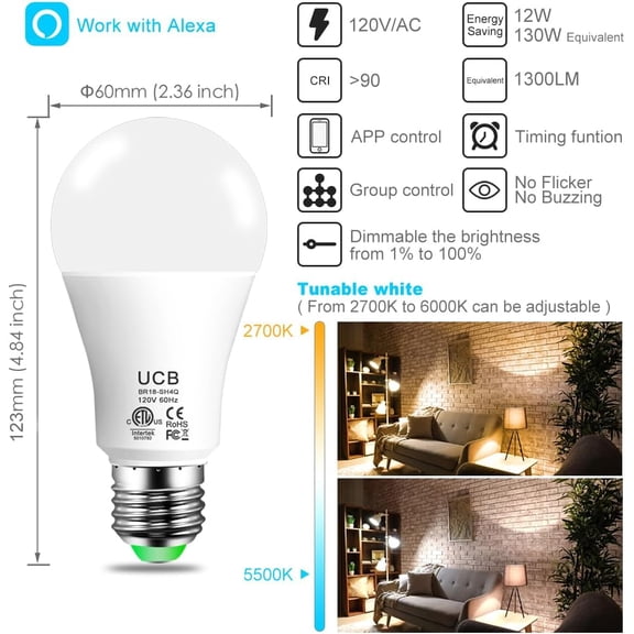 Alexa Light Bulb 130W Equivalent, Smart Light Bulbs Warm White to Daylight Tunable, A19 E26 Bluetooth LED Bulbs Work with Alexa Only for Bedroom Kitchen Living Office No WiFi Required 4 Pack