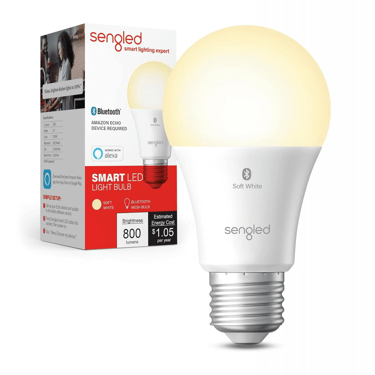 Alexa Light Bulb, S1 Auto Pairing with Alexa Devices, Warm Smart Light Bulbs, Bluetooth Mesh Smart Home Lighting, E26 60W Equivalent, 800LM, 1-Pack