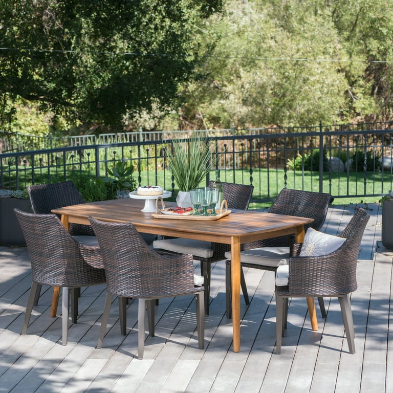 Alexa Outdoor 7 Piece Wicker Rectangular Dining Set with Acacia Wood Table and Cushions Teak Finish Multibrown Light Brown Walmart
