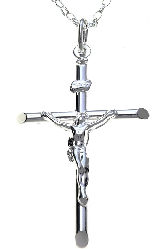 Alexander Castle Large 925 Sterling Silver Cross Necklace For Women & Men - Silver Crucifix Necklace Pendant With 20" Sterling Silver Chain & Jewellery Gift Box - 42mm X 30mm