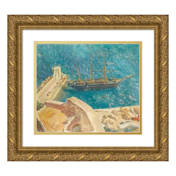 Alexander Evgenievich Yakovlev 14x12 Gold Ornate Wood Frame and Double Matted Museum Art Print Titled - View of the Port in Calvi (1930)