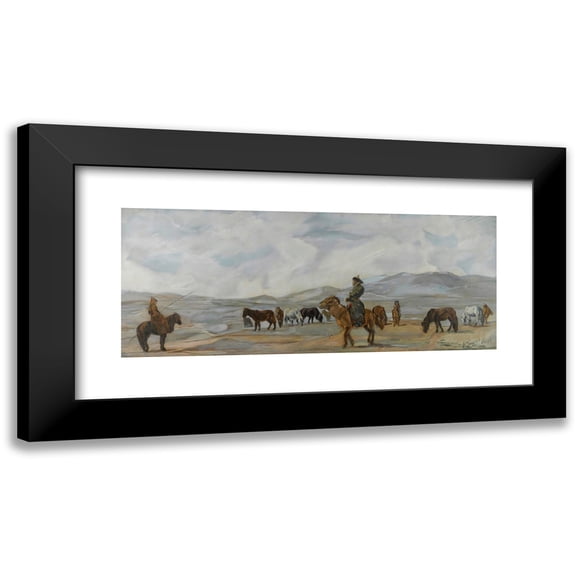 Alexander Evgenievich Yakovlev 14x8 Black Modern Framed Museum Art Print Titled - Mongolian Horsemen (1933)
