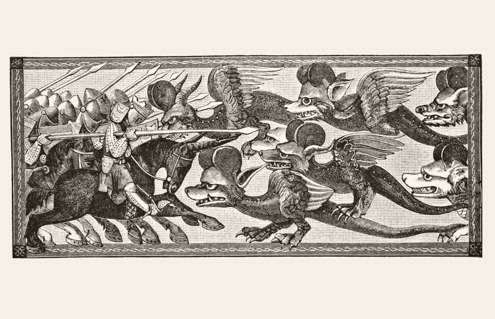 How Alexander Fought The Dragons With Sheeps Horns Upon Their Foreheads From Science And Literature In The Middle Ages By Paul Lacroix Published London 1878 Canvas Art - Ken Welsh  Design Pics (36 x 2