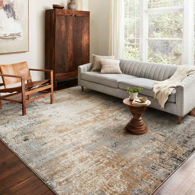 Modern Abstract Gray and Gold Rug Polyester Rectangle 5' x 7' Living Room  Area Rug