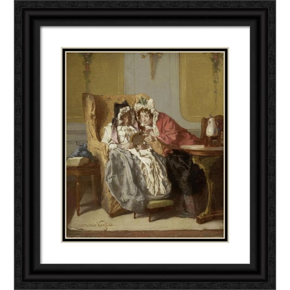 Alexander Hugo Bakker Korff 15x17 Black Ornate Wood Framed Double Matted Museum Art Print Titled - Two Ladies Examining a Little Painting (1866)