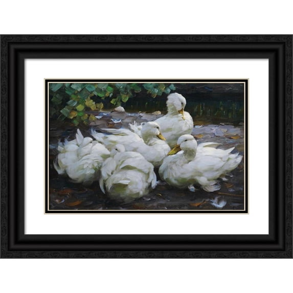 Alexander Koester 24x17 Black Ornate Framed Double Matted Museum Art Print Titled: Five Resting White Ducks