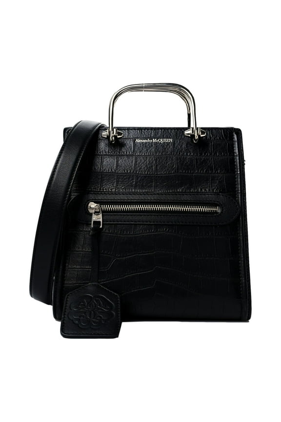 The Short Story Black Croc Print Leather Satchel 656471
