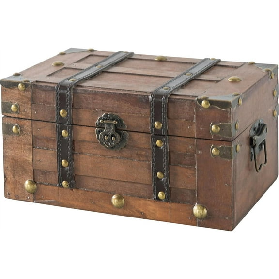 Alexander Small Wooden Treasure Chest - 11" x 7" x 5.5", Wood Storage Box with Hinged Lid, Decorative Trunk for Keepsakes, Vintage Pirate Chest for Classroom
