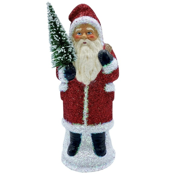 Alexander Taron 10.5" Santa with Glitter Coat and Gift Bag Paper Mache Christmas Candy Container