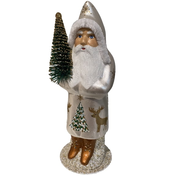 Alexander Taron 11 Paper Mache Silver Santa with Gold Reindeer Detail Christmas Candy Container