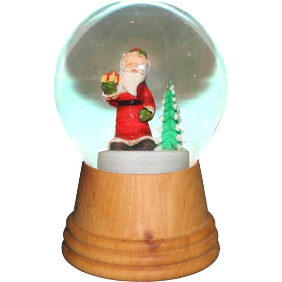 5" Brown, Green and Red Perzy Snow Globe - Medium Santa with Tree with Wooden Base