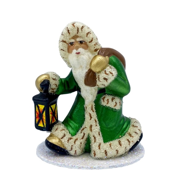 3.5" Vibrant Unique Santa with Lantern and Green Coat Schaller Paper Mache Candy Container